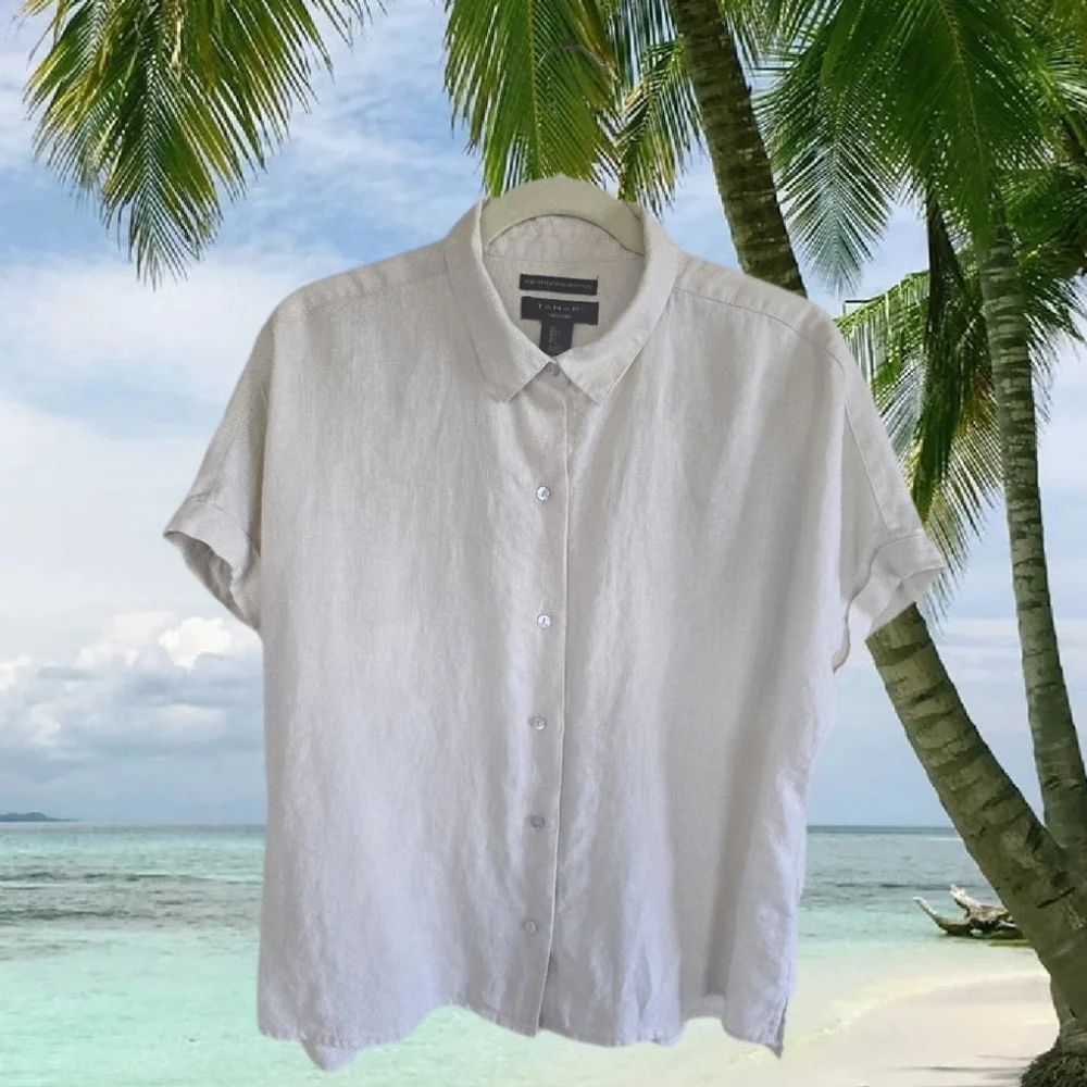 Breezy 100% European Linen Relaxed Fit Shirt by TAHARI Natural Beige Worn Once - Picture 4 of 7